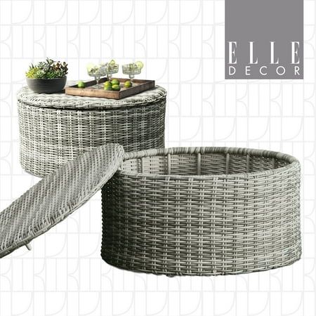 The Vallauris Outdoor Storage Coffee Table provides plenty of space for food, drinks, and other items on the all-weather wicker surface. Its generous 30-inch circular tabletop makes it a great gathering place, whether serving cocktails and appetizers, or hosting an outdoor game night under the stars. Under the tabletop, you'll find easy-to-access storage space, perfect for blankets, towels, and other outdoor items. The rust-resistant, powder-coated metal frame provides the durability and support Wicker Coffee Table, Storage Coffee Table, Coffee Table Grey, Outdoor Coffee Table, Outdoor Game, Bean Bag Chair Kids, Round Storage, Playroom Furniture, Gathering Place