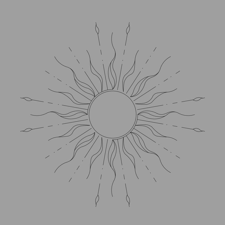 a black and white drawing of a sun with rays coming out of the center on a gray background