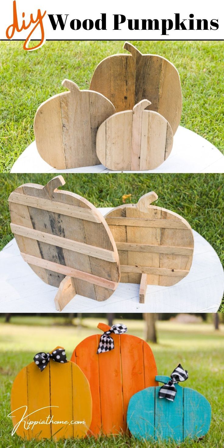 Three wooden standing pumpkins Wooden Pumpkins Diy How To Make, Diy Pallet Projects That Sell, Halloween Decorations Wood Diy, Pallet Wood Pumpkins Diy, Pallet Board Pumpkins, Things To Make From Scrap Wood, Simple Pallet Projects Diy Crafts, Diy Fall Decor With Scrap Wood, Wooden Yard Pumpkins Diy