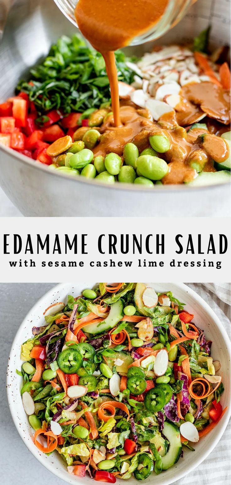 two bowls filled with different types of salads and dressing being poured over them to make the salad