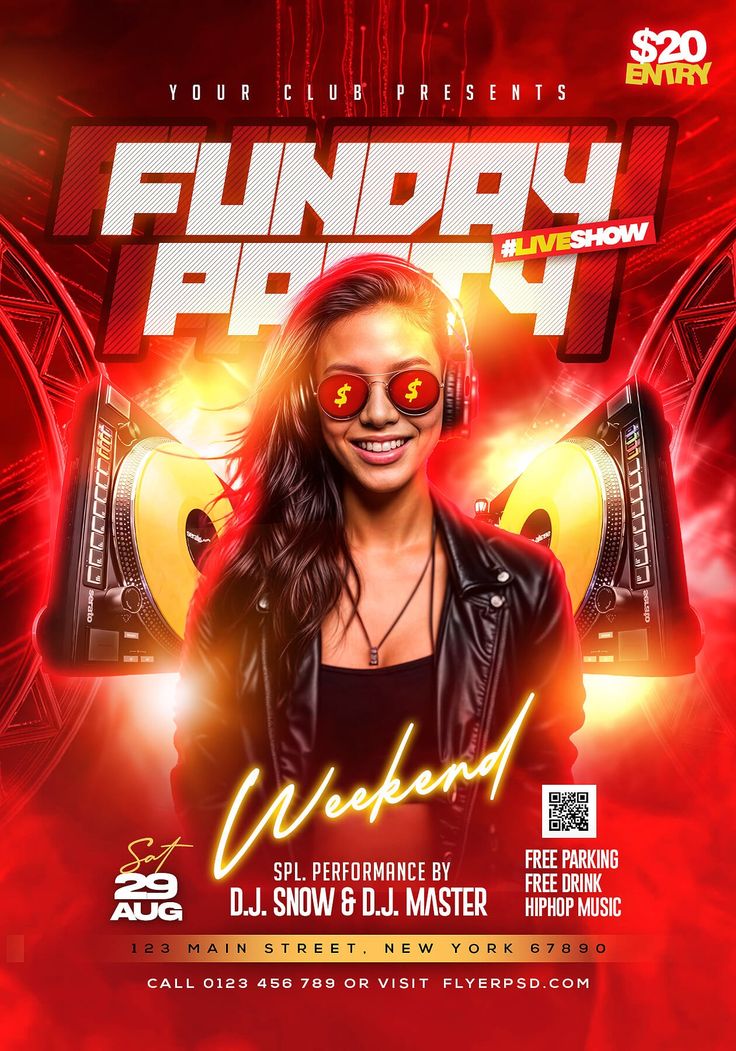 the flyer for an event with a woman wearing headphones and glowing red eye glasses