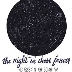 the night we chose forever sign in black and white with an image of stars on it