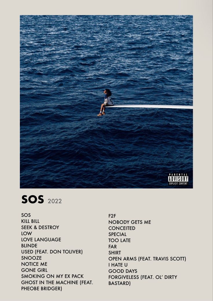 an ad for the album sos featuring a man on a surfboard in the ocean