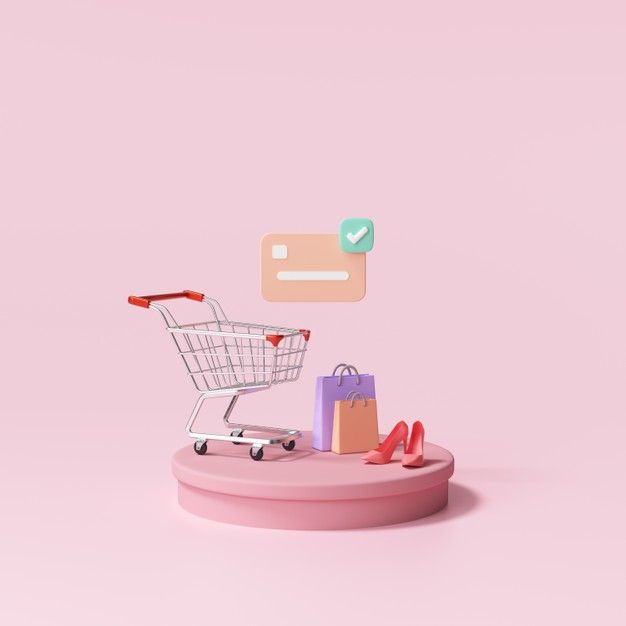 a shopping cart with shoes and bags in front of it on a pink background that says i love you