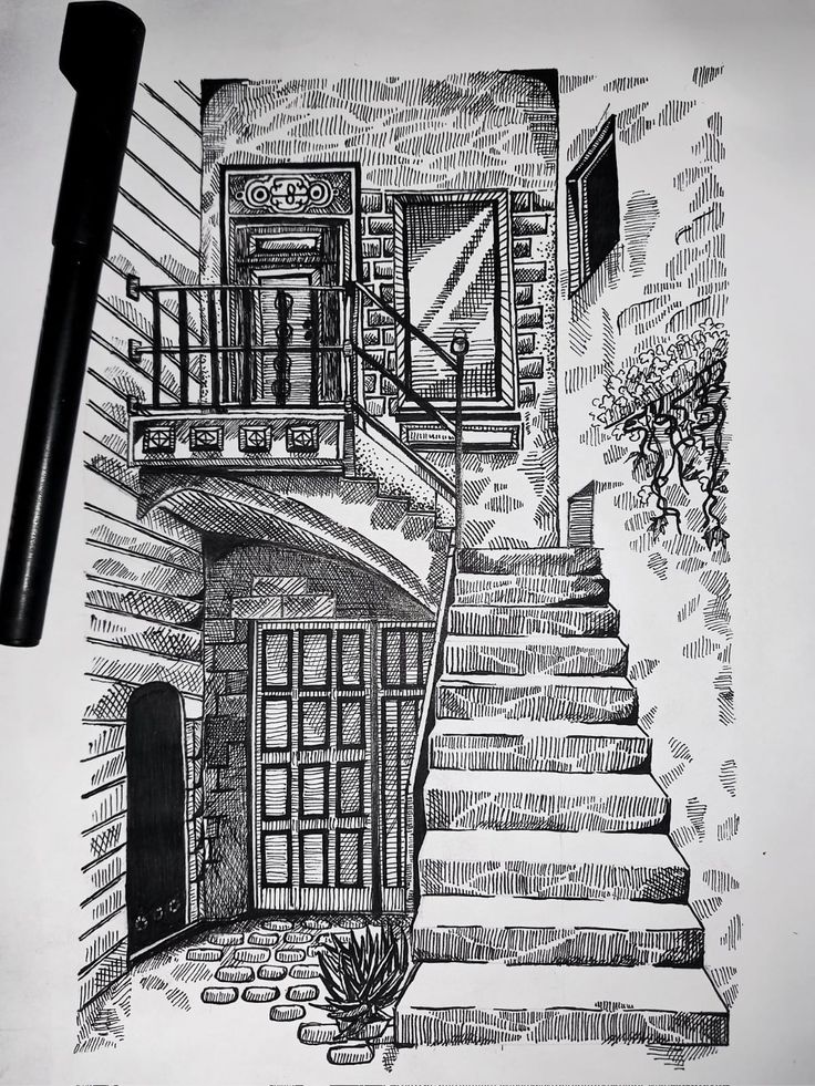 a drawing of stairs leading up to a house