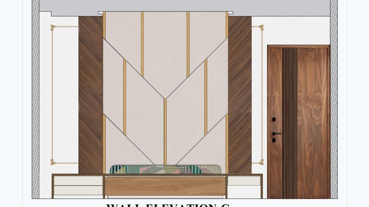 a drawing of a bedroom with the door open and wall elevations on it's sides