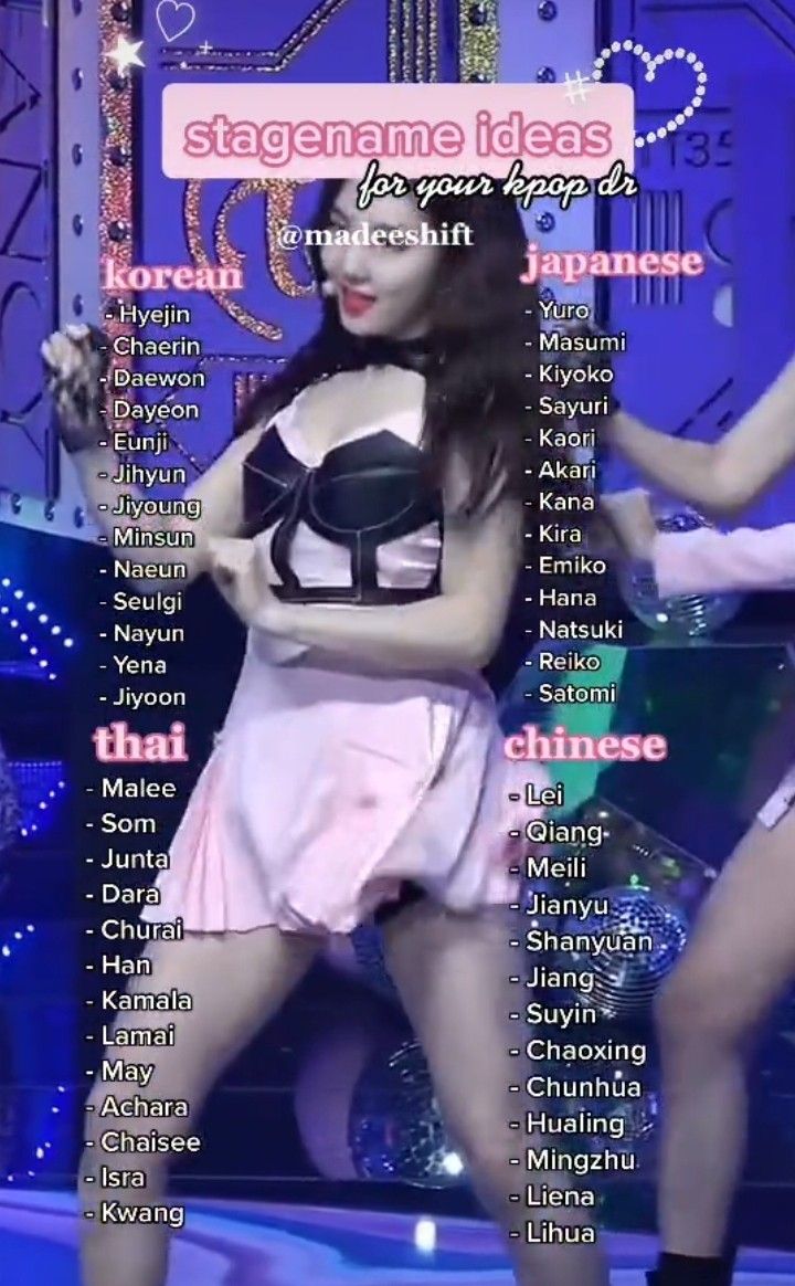 Kpop Female Rappers, Good Stage Names, Stage Names Kpop Ideas, Cute Kpop Group Name Ideas, Kpop Shifting Stage Names, Newjeans Username Ideas Kpop, Kpop Idols Name List, Kpop Business Name Ideas, Own Gg Dr Ideas