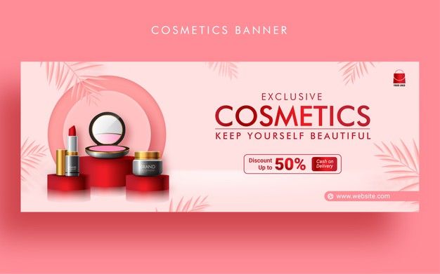 cosmetics banner with cosmetic products on pink background illustration for advertising, web page or website design