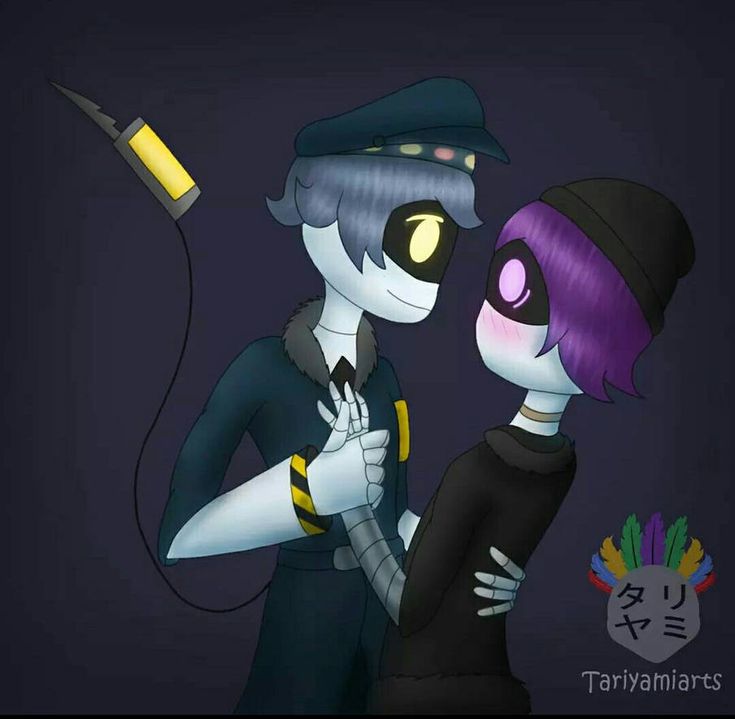 two cartoon characters standing next to each other in front of a dark background, one with purple hair and the other wearing black