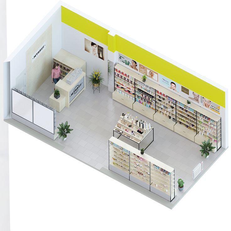 an overhead view of a small store with shelves and desks, potted plants on the counter