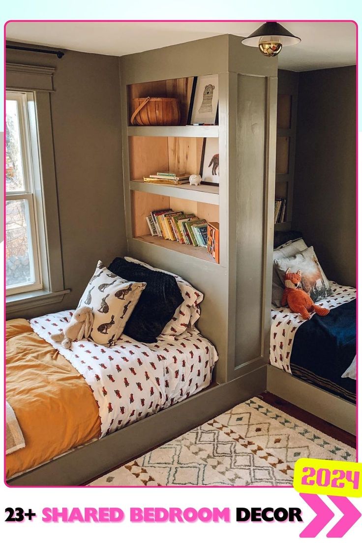 two beds in a room with bookshelves and pillows on the floor next to each other