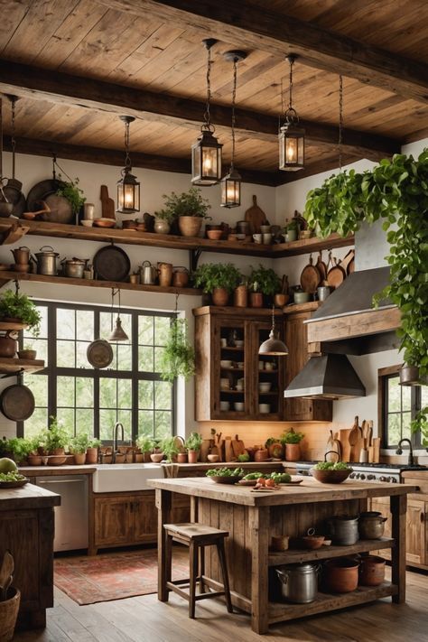 a kitchen filled with lots of potted plants and hanging lights over the stove top