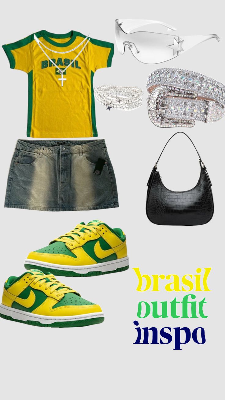 brasil outfit ! Brazil Culture Clothes, Brazil Jersey Outfit Girl, Summer Brazil Outfit, Brazil Outfit Aesthetic, Brazil Dunks Outfits, Brazil Style Outfits, Brazil Top Outfit, Hawaii Outfits Spirit Week, Brazil Vacation Outfits