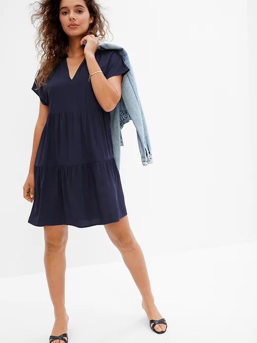 Tiered Splitneck Dress | Gap Factory Casual Tiered Skirt Dress For Work, Flowy Viscose Mini Dress For Daywear, Summer Tiered Viscose Dress, Casual V-neck Tiered Dress For Spring, Spring Casual V-neck Tiered Dress, Spring Workwear Dress With Tiered Skirt, Casual Flowy Viscose Dress, Chic Flowy V-neck Tiered Dress, Relaxed Fit Viscose Dress For Day Out