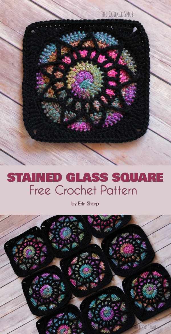 crocheted coasters with the text stained glass square free crochet pattern