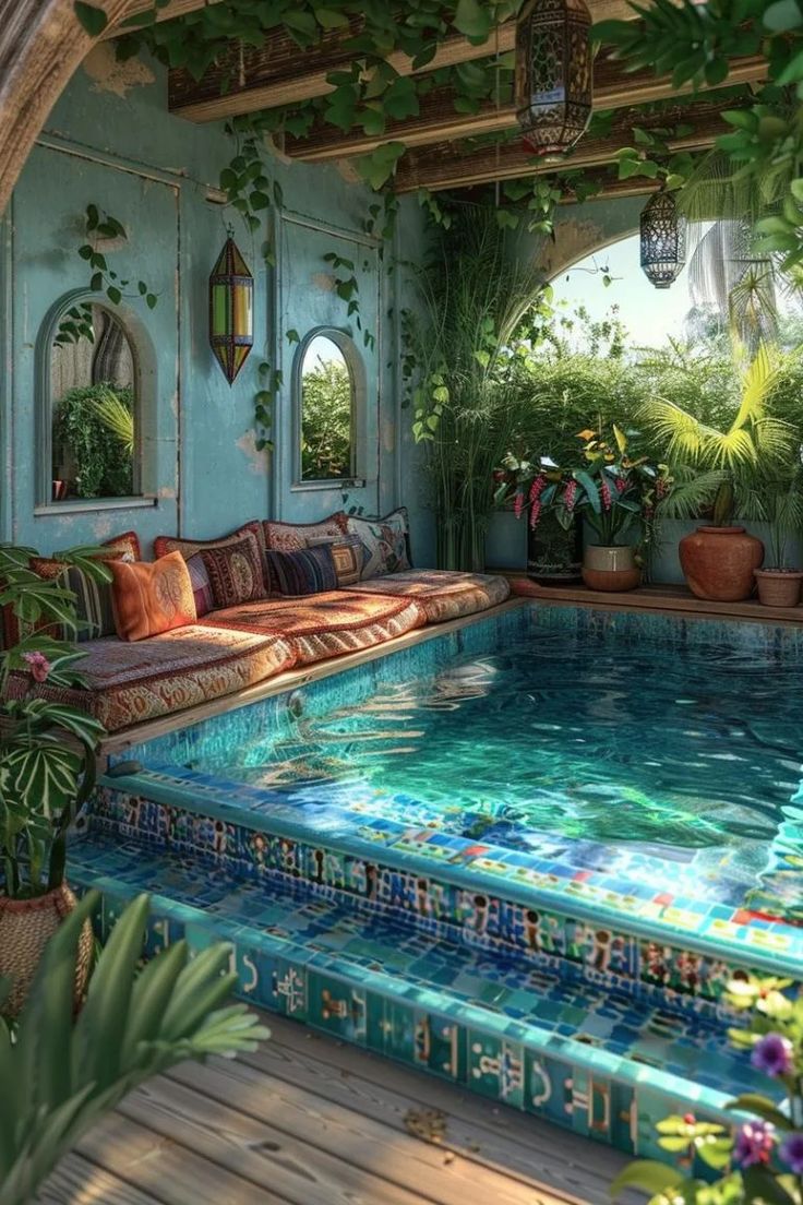 an indoor swimming pool surrounded by potted plants and greenery, with couches on either side