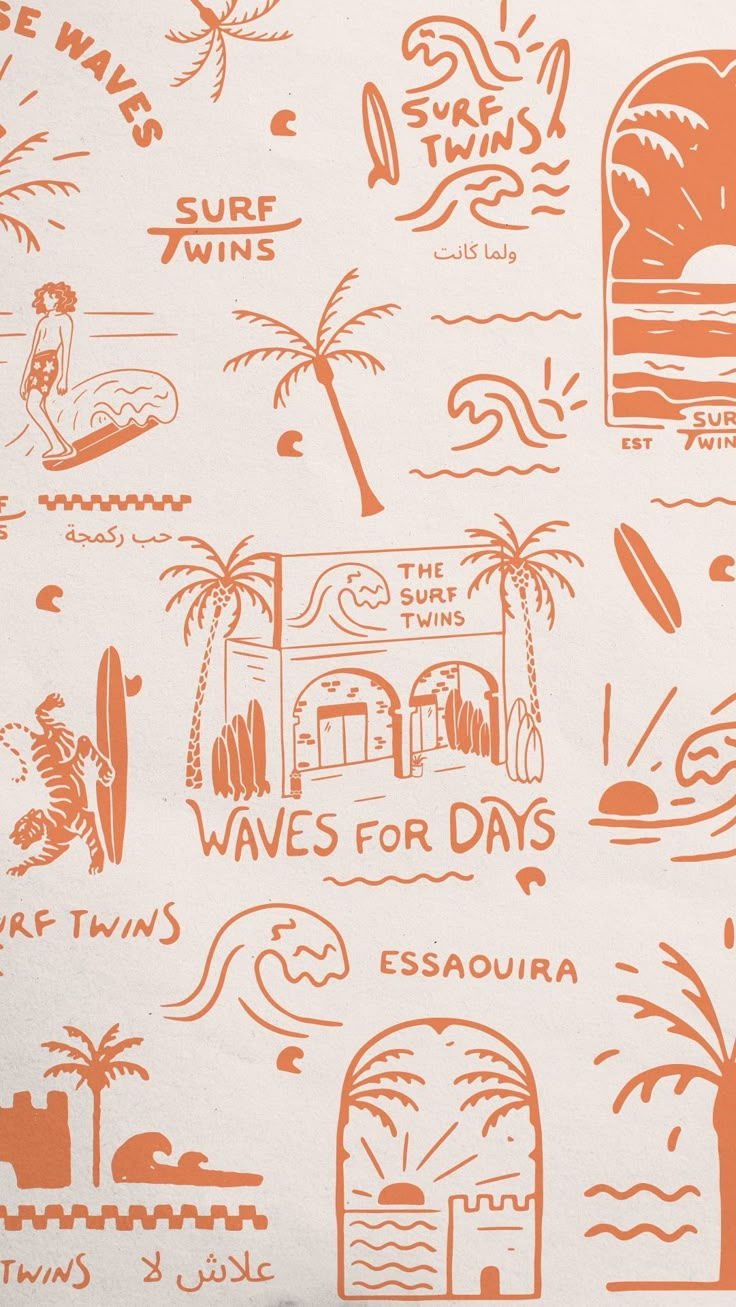 an orange and white wallpaper with different types of surfboards, palm trees, and the words waves for days written on it