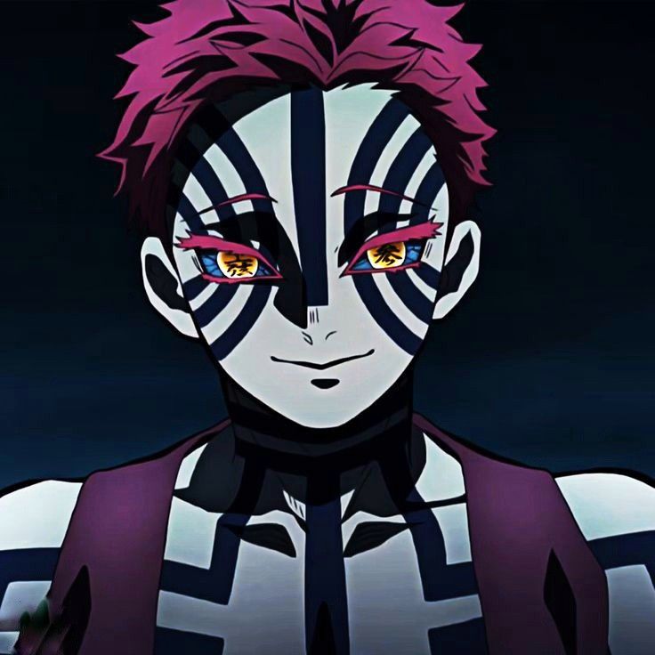 an anime character with red hair and black and white stripes on his face is staring at the camera