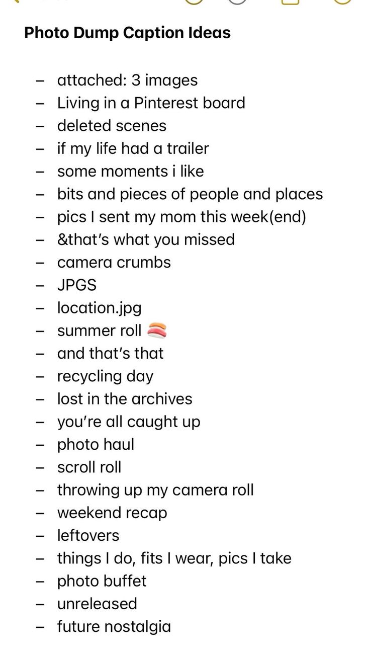 a photo dump caption is shown in the form of a list with words and pictures