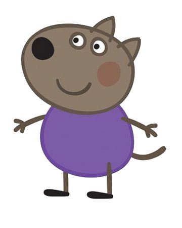 a cartoon dog is wearing a purple t - shirt and standing with his hands in the air