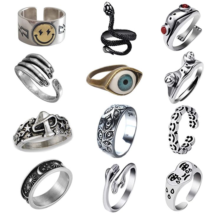 PRICES MAY VARY. 【12 Pack Rings】Exquisite workmanship earrings, great chance to add sparkle to your everyday style and get compliments from everyone who sees it. Package: Frog Ring/Snake Ring/Evil Eye Ring/Mushroom Ring/Cry Ring/Smiley Face Ring/Hug Ring/Moon Star Sun Statement Rings. 【Excellent quality】 These rings are the classic and so elegant that women and man of all ages can enjoy them all day every day. 【Wonderful gift 】These Fashion and stylish design Charm Girl rings suitable for work, Eye Mushroom, Rings Pack, Rings Cute, Frog Ring, Mushroom Ring, Peacock Jewelry, Grunge Accessories, Aesthetic Rings, Hippie Rings