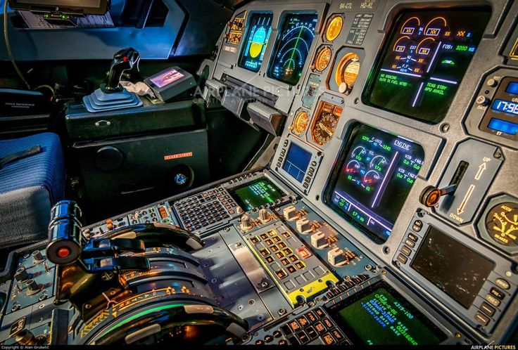 the cockpit of an airplane with many electronic controls