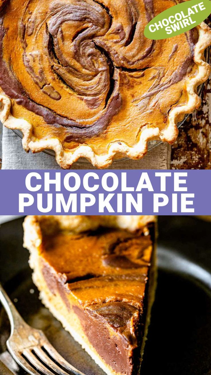 chocolate pumpkin pie on a plate with a fork in front of it and text overlay that reads chocolate pumpkin pie