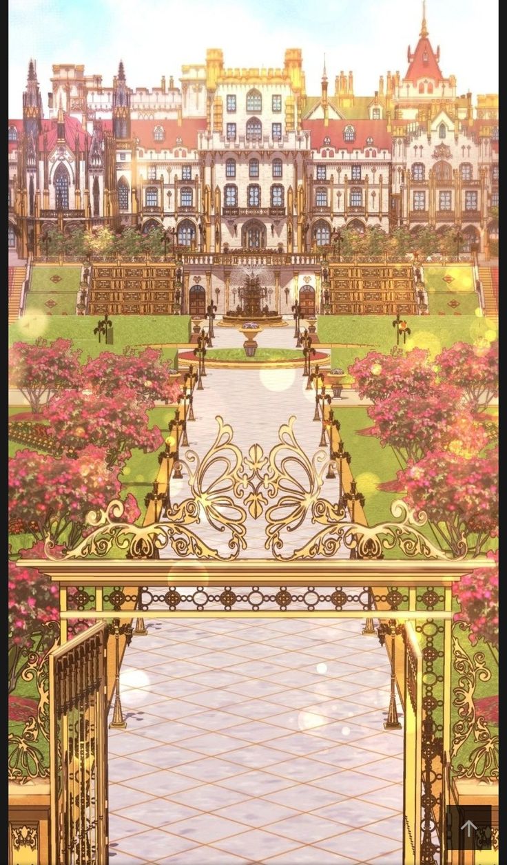 an artist's rendering of a palace with flowers in the foreground and a walkway leading to it