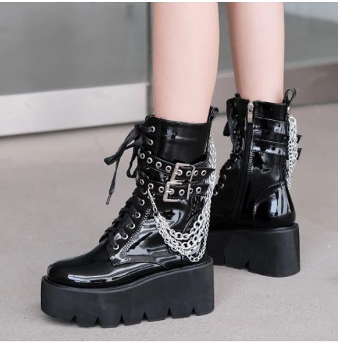 Black Platform Boots With Chain Buckle Women · KoKo Fashion · Online Store Powered by Storenvy Emo Boots, Goth Platform Boots, Goth Platforms, Gothic Cosplay, Cute Stockings, Black Platform Boots, Rock Punk, Black Platform, Platform Boots