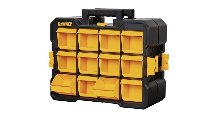 a black and yellow tool box with many bins on it's sides for storage