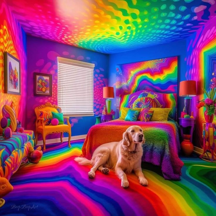 a dog laying on the floor in a room with rainbow colors