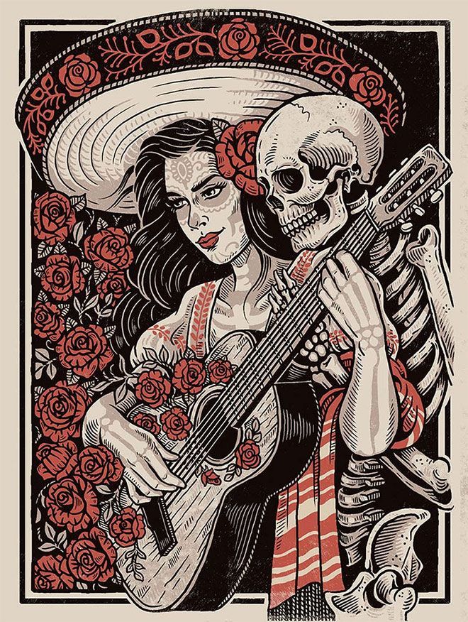 a woman with a guitar in her hand and a skeleton on the other side, wearing a sombrero