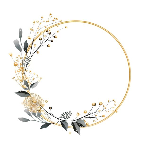 a circular gold frame with flowers and leaves