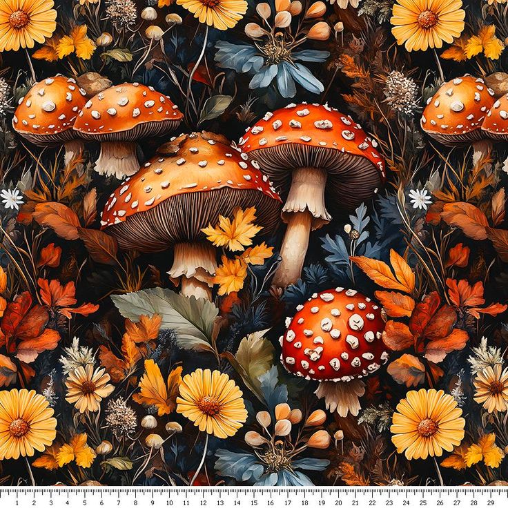 a painting of mushrooms and flowers on a black background