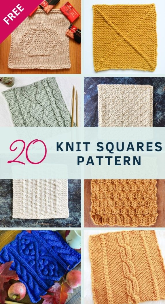 knitted square patterns with text overlay that says 20 knit squares pattern