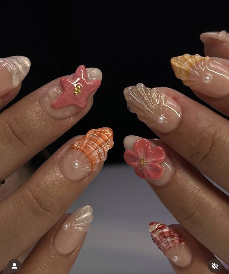 Seashell Nails, Beachy Nails, Summery Nails, Girly Acrylic Nails, Really Cute Nails, Beach Nails, Funky Nails, Pretty Acrylic Nails, Nail Polishes