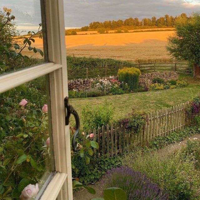 an open window looking out at a field and flowers in the foreground, with a wooden fence behind it