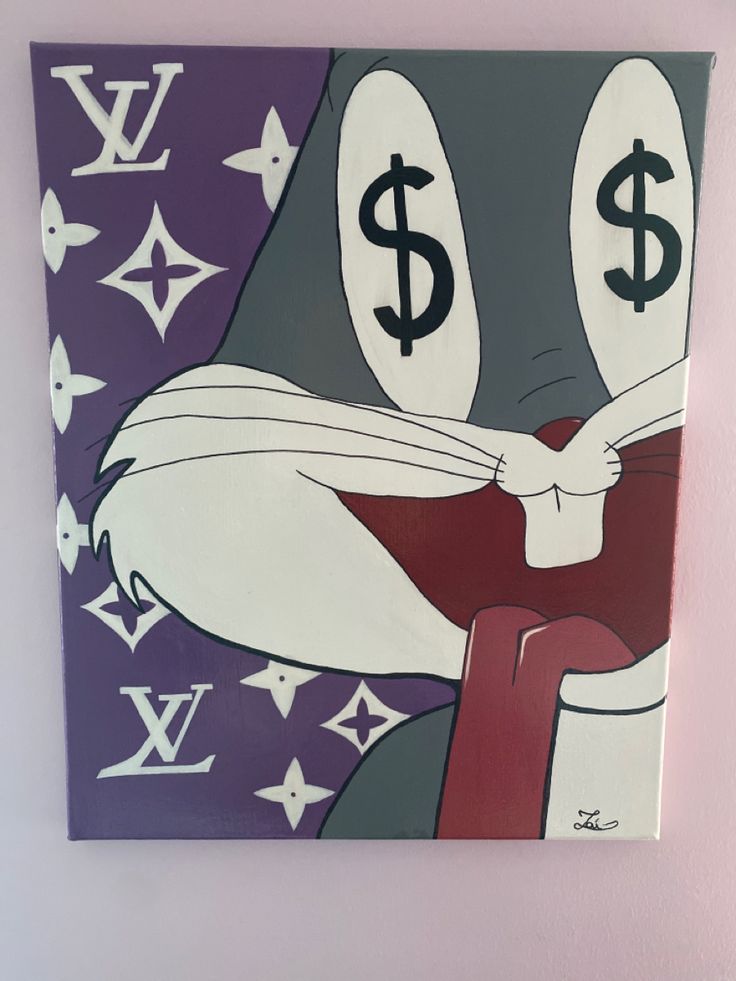 a painting of a cat with dollar signs painted on it