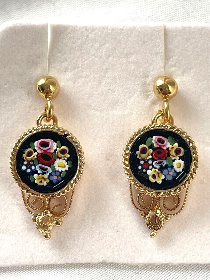 This item for sale is a beautiful pair of brand new, yet vintage, Italian, 925 sterling silver with a gold wash over that, glass mosaic tile PIERCED earrings in perfect condition. They measure just over 1 inch from top of ball to bottom earring and are just under 1/2 inch across or about 12mm. SO pretty!    Pease enjoy 1 pound free insured shipping Please check out "see sellers other items'' we probably have what you are looking for Antique Enamel Earrings For Gift, Antique Enamel Earrings As Gift, Vintage Round Enamel Earrings, Italian Minimalism, Mosaic Jewelry, Tatting Lace, Filigree Earrings, Gold Wash, Glass Mosaic Tiles