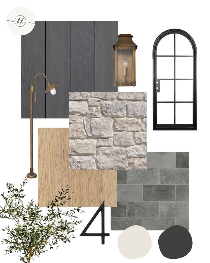 the interior design board is shown with different colors and materials, including wood, stone, and metal