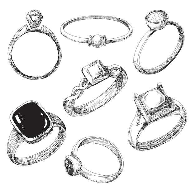 six different types of rings drawn in black and white with one diamond on top, the other