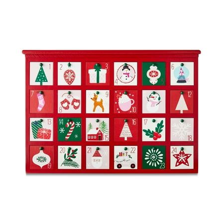 a large red christmas calendar with lots of different decorations on it's sides and numbers