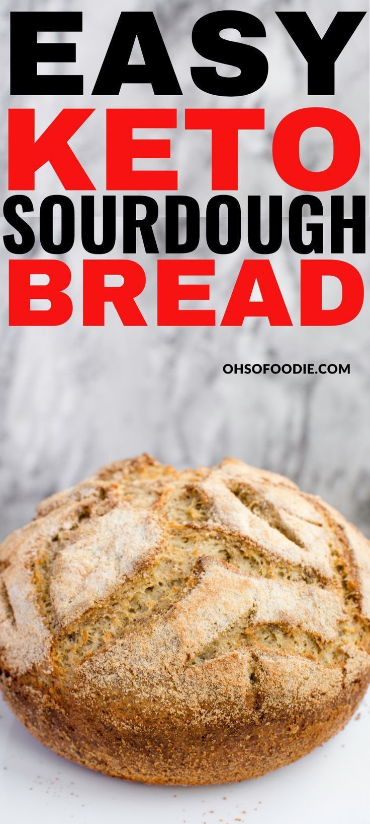 an easy keto sourdough bread on a white plate with text overlay