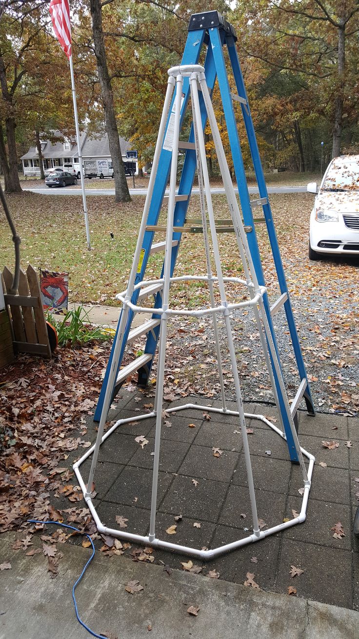 a blue ladder sitting on top of a sidewalk next to a park filled with leaves