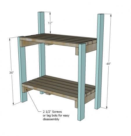 a wooden shelf with measurements for the top and bottom shelves on each side, along with two