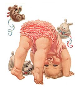 a drawing of a baby in pink with teddy bears around her and on the ground