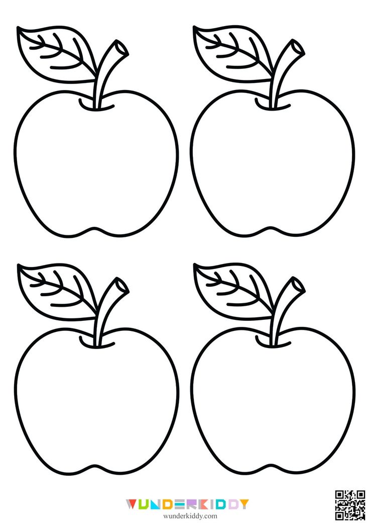 three apples with leaves on each side and one apple in the middle, coloring page