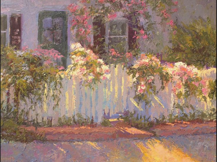 an oil painting of flowers on a white fence and window with green shutters in the background