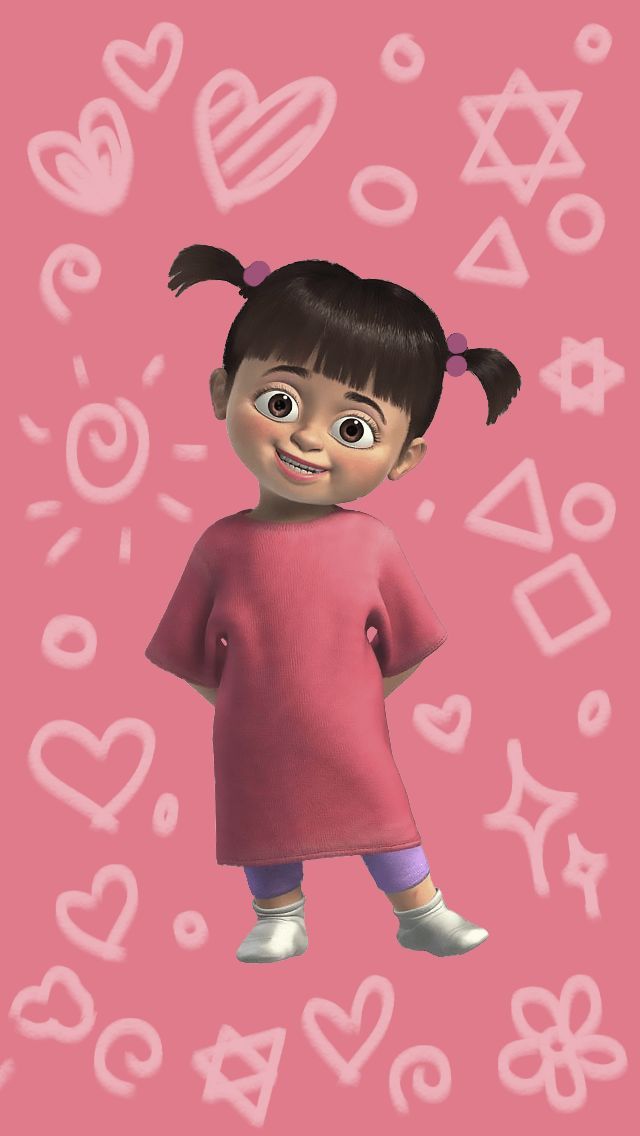 an animated girl standing in front of pink background with hearts and symbols around her head