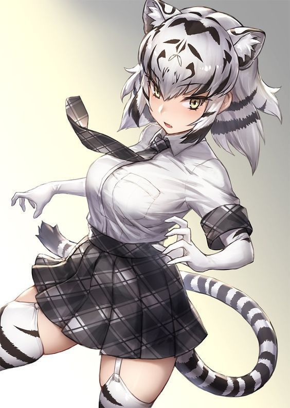 an anime character dressed as a cat with a tie around her neck and wearing a skirt